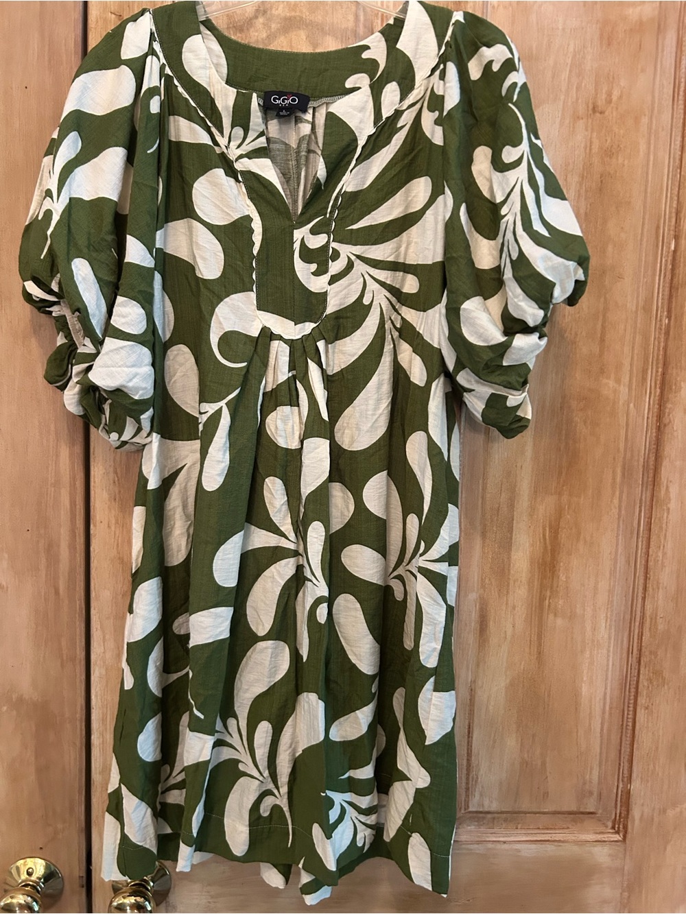 Olive Green and White Printed Puff-Sleeve Dress